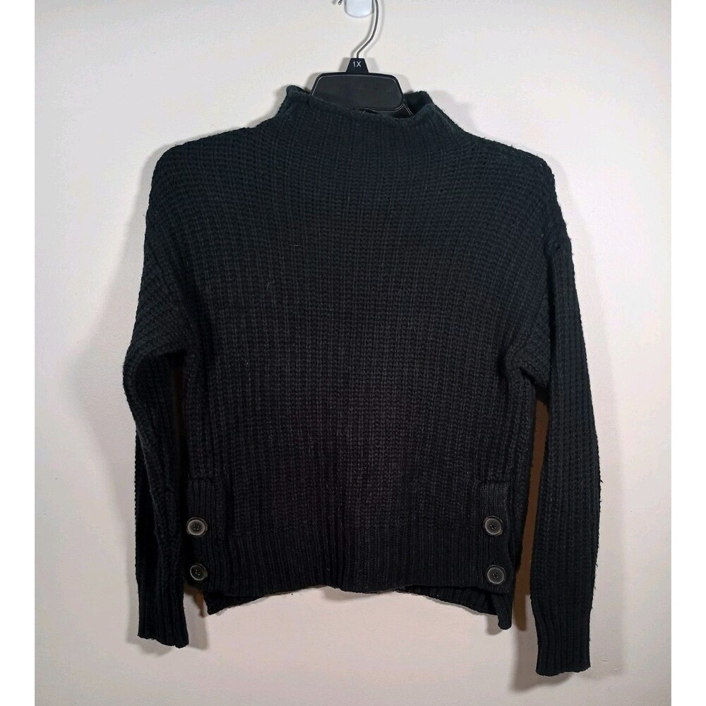 Madewell Wool Cotton Mock Neck Black Side Buttons Cable Knit Sweater Size XS